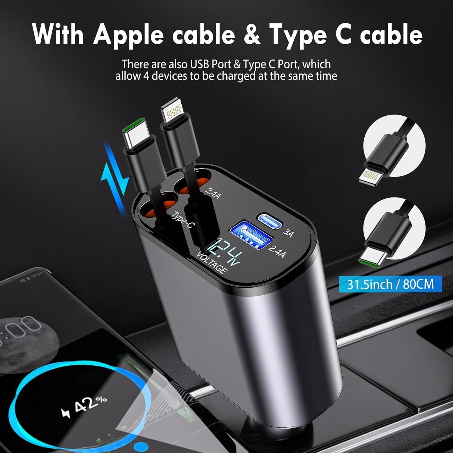 Next-Gen 120W Car Charger with Retractable Cables – All-in-One - Bemartello.in