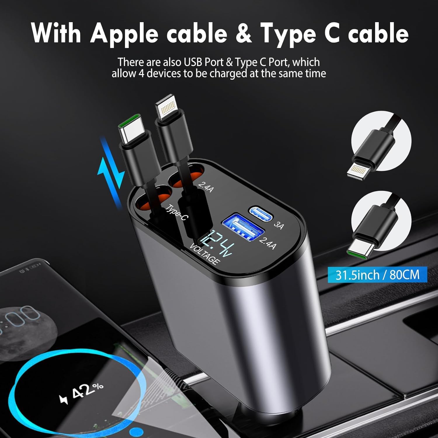 Next-Gen 120W Car Charger with Retractable Cables – All-in-One - Bemartello.in