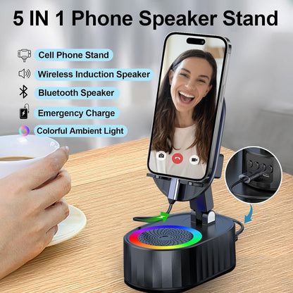 3-in-1 Wireless Speaker Phone Stand Power Bank – Foldable 300° Holder with RGB Light