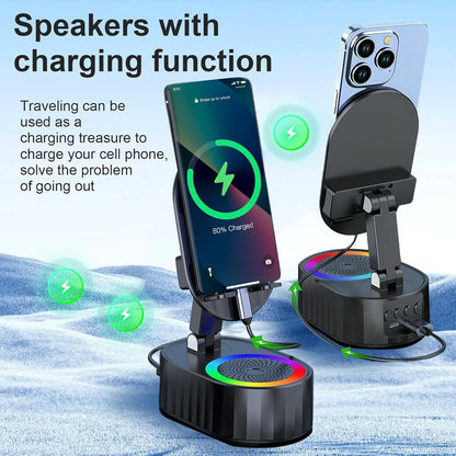 3-in-1 Wireless Speaker Phone Stand Power Bank – Foldable 300° Holder with RGB Light