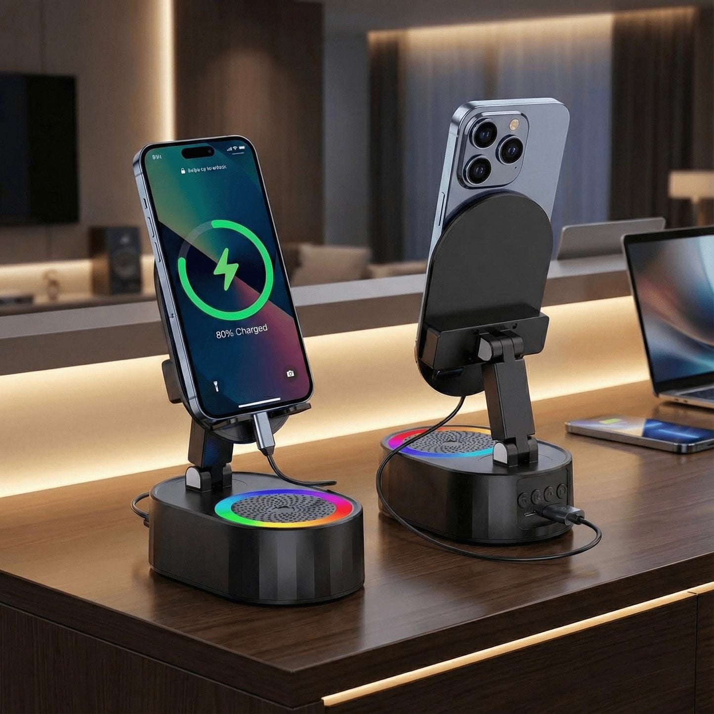 3-in-1 Wireless Speaker Phone Stand Power Bank – Foldable 300° Holder with RGB Light