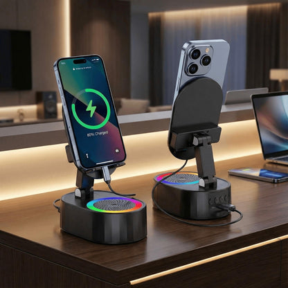 3-in-1 Wireless Speaker Phone Stand Power Bank – Foldable 300° Holder with RGB Light